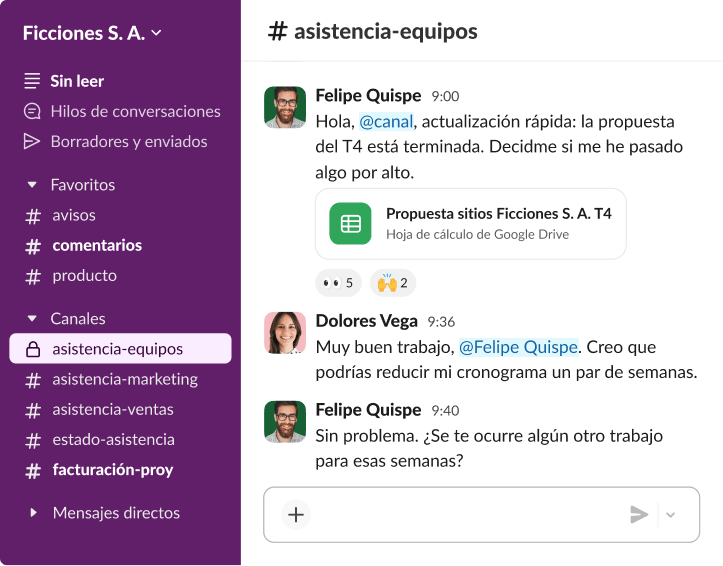 Espacio de trabajo de Slack con colaboración en tiempo real entre colegas de trabajo hablando sobre cronologías de proyectos y archivos compartidos de Google Drive.