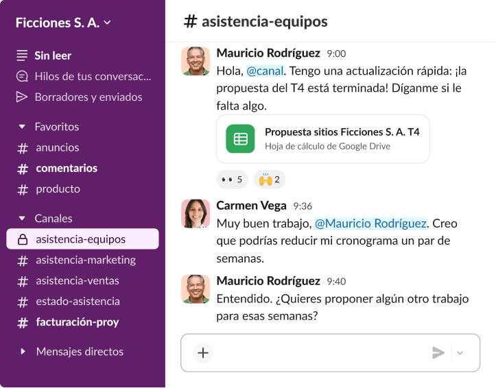Espacio de trabajo de Slack que incluye una colaboración en tiempo real entre compañeros que discuten cronologías de proyectos y comparten archivos de Google Drive.