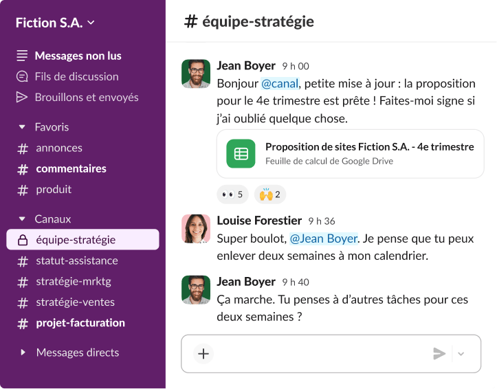 Espace de travail Slack permettant une collaboration en temps réel entre collègues en fonction des calendriers de projet et des fichiers Google Drive partagés.