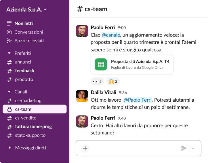 Area di lavoro Slack che mostra una collaborazione in tempo reale tra colleghi che discutono le tempistiche di un progetto e condividono file di Google Drive.