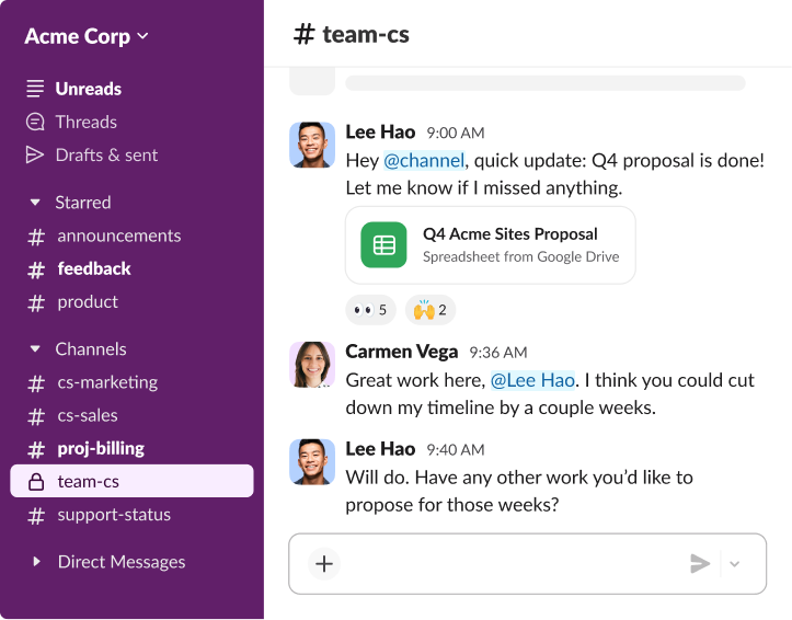 Slack workspace featuring real-time collaboration between colleagues discussing project timelines and shared Google Drive files.