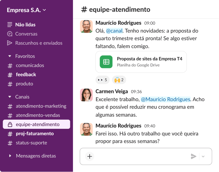 Workspace do Slack com colaboração em tempo real entre colegas discutindo cronogramas de projetos e arquivos do Google Drive compartilhados.