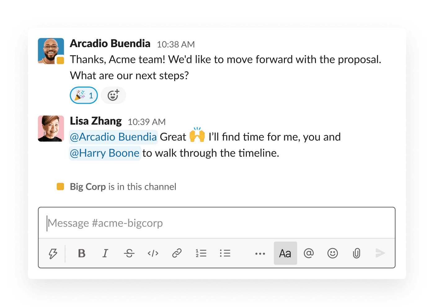 Two organisations move forwards with a proposal in a shared Slack channel