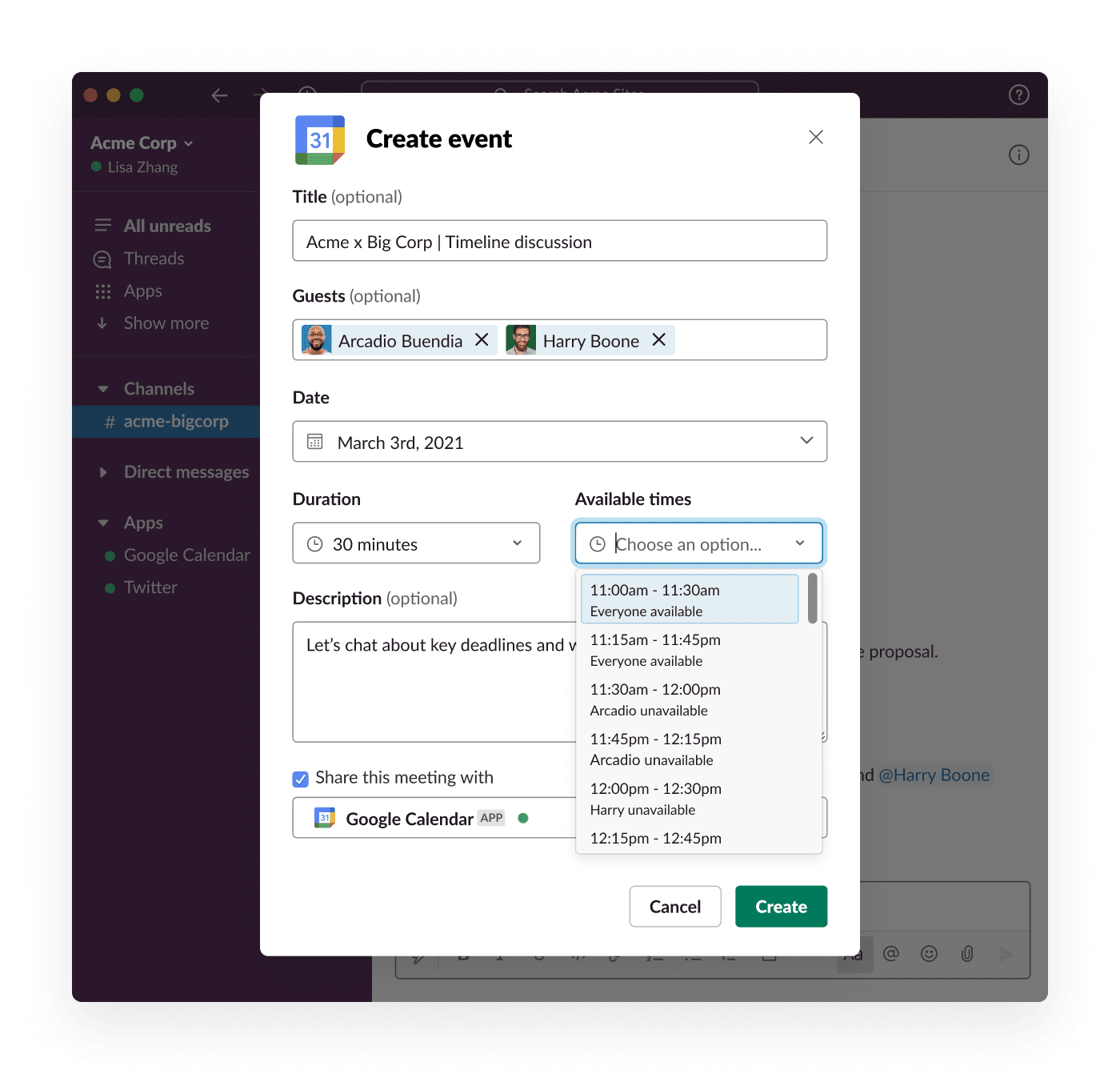 An employee is able to see the availability of external partners and quickly schedule a meeting, without leaving Slack Connect