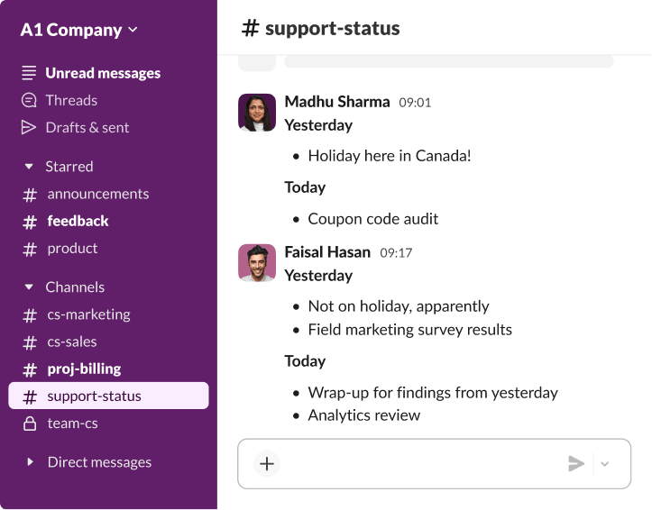 Slack message thread where colleagues share project updates and holiday notifications using a structured list format.