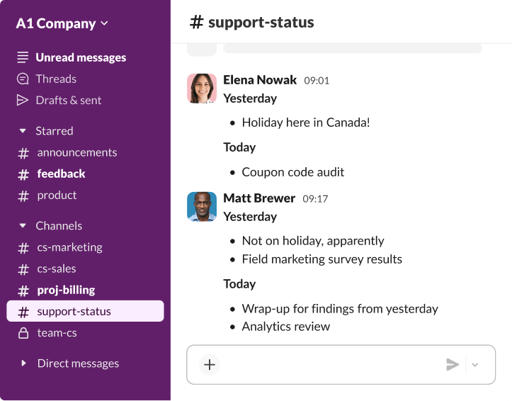 Slack message thread where colleagues share project updates and holiday notifications using a structured list format.