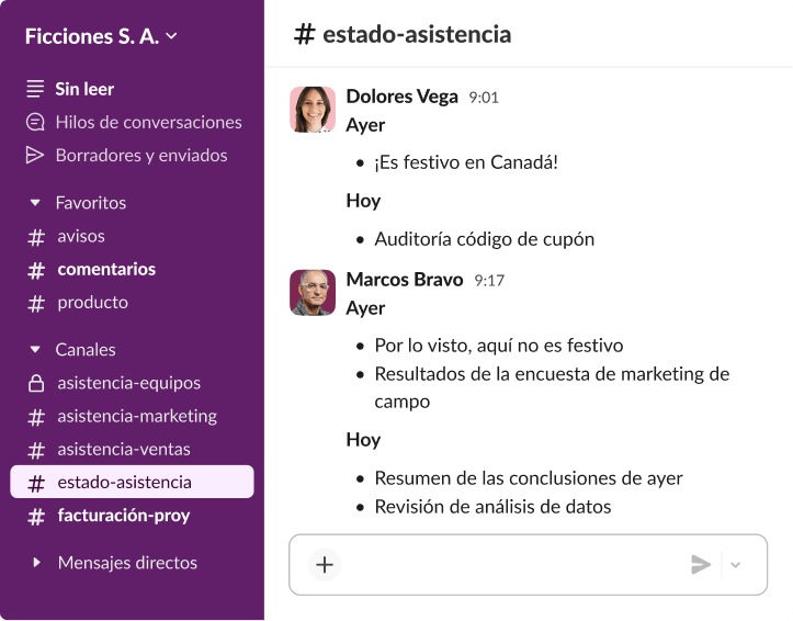 Hilo de mensajes de Slack en el que colegas de trabajo comparten actualizaciones sobre el proyecto y notificaciones de vacaciones en un formato de lista estructurado.