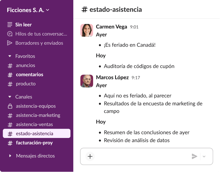 Hilo de mensajes de Slack en el que compañeros comparten actualizaciones de proyectos y notificaciones de días festivos mediante un formato de lista estructurado.