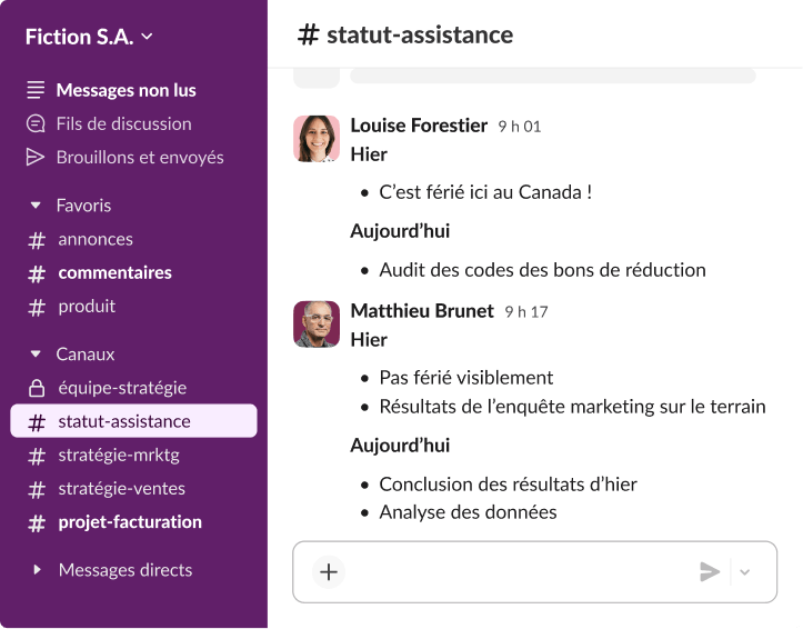 Fil de discussion Slack où des collègues partagent des mises à jour de projet et des notifications de congés sous forme de liste structurée.