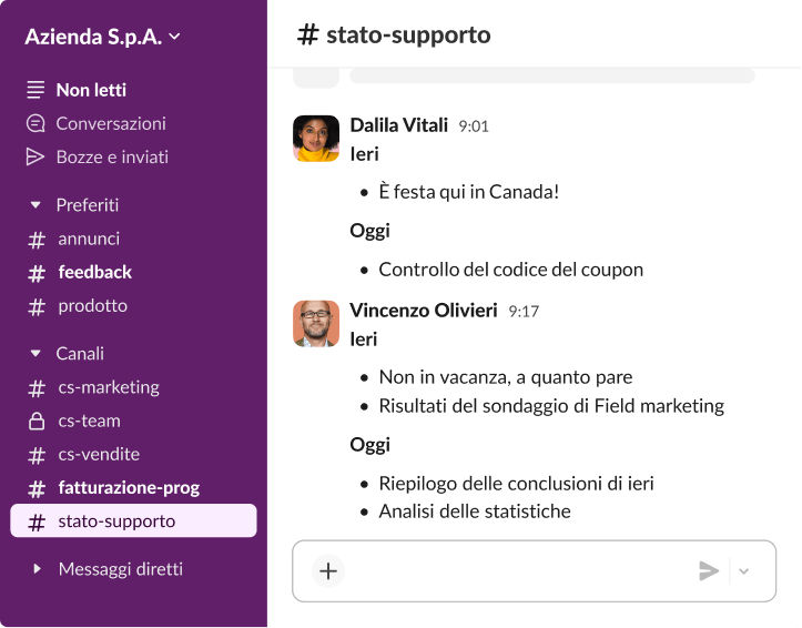 Conversazione in Slack in cui i colleghi condividono aggiornamenti sul progetto e comunicazioni relative alle festività utilizzando un elenco strutturato.