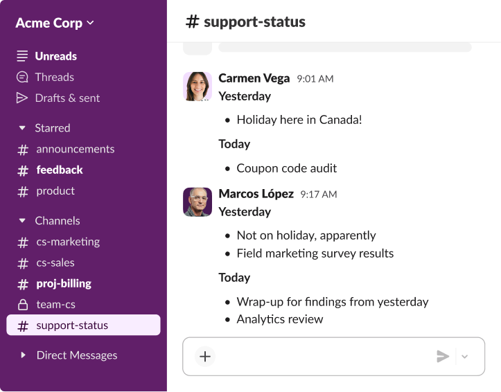 Slack message thread where colleagues share project updates and holiday notifications using a structured list format.