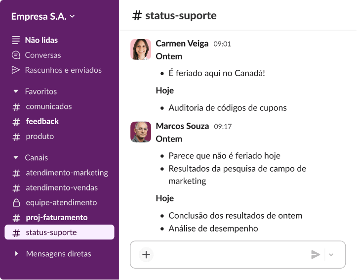 Conversa por mensagens do Slack em que colegas compartilham atualizações de projetos e notificações de feriados usando um formato de lista estruturada.