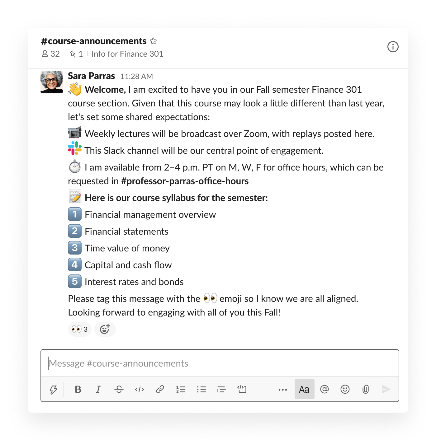 Annonces de professeurs dans un canal Slack