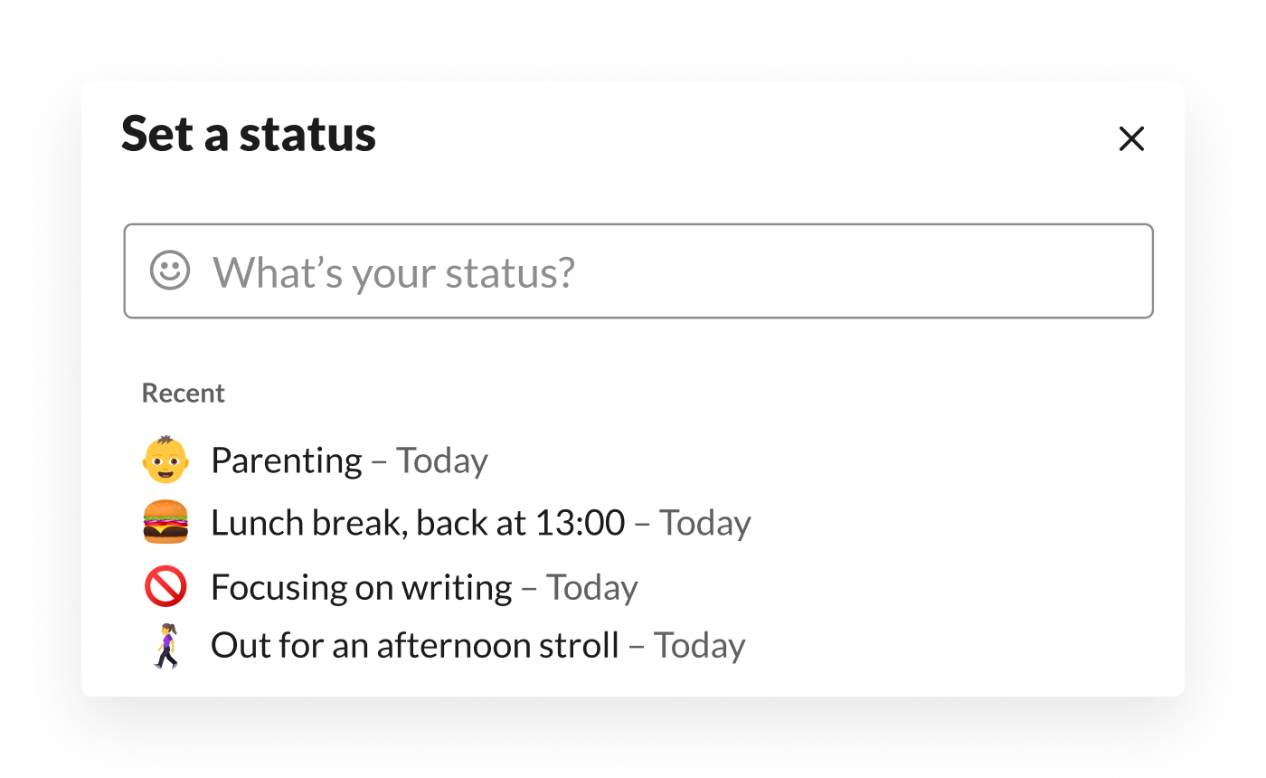 An employee selects from recently used customised statuses in Slack, including parenting, taking a lunch break and more