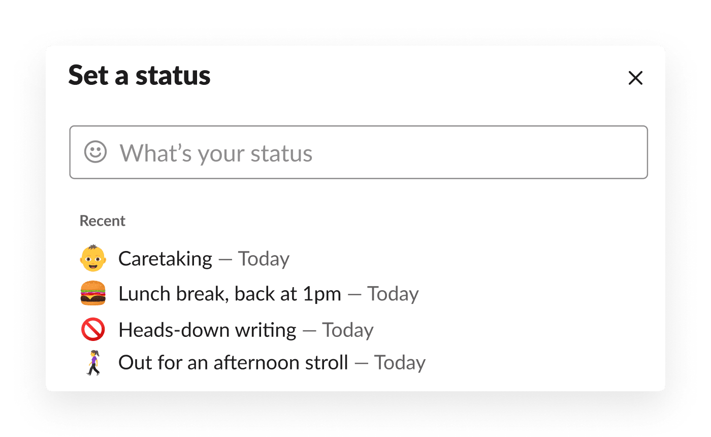 An employee selects from recently used custom statuses in Slack, including caretaking, taking a lunch break, and more