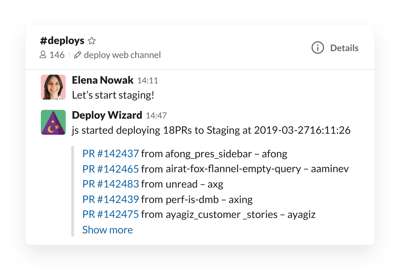 Deploy Wizard integration in Slack posting staging updates