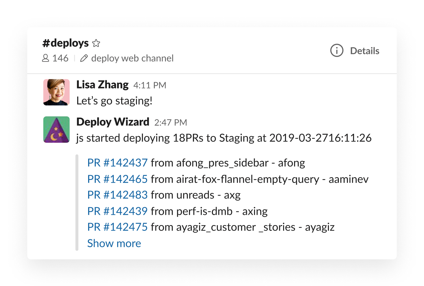 Deploy Wizard integration in Slack posting staging updates