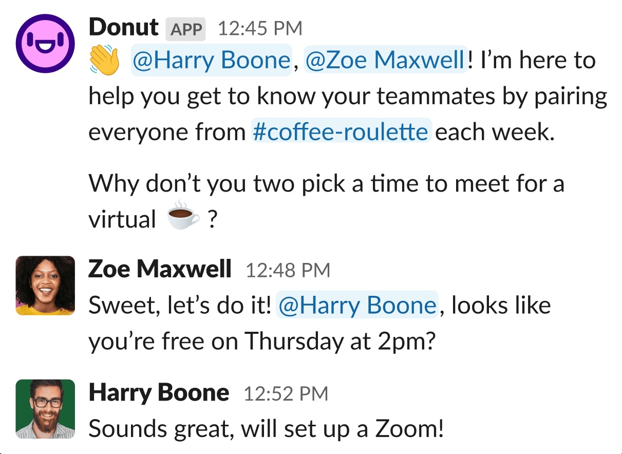 Screenshot of two colleagues being matched by the Donut app for a virtual meet and greet
