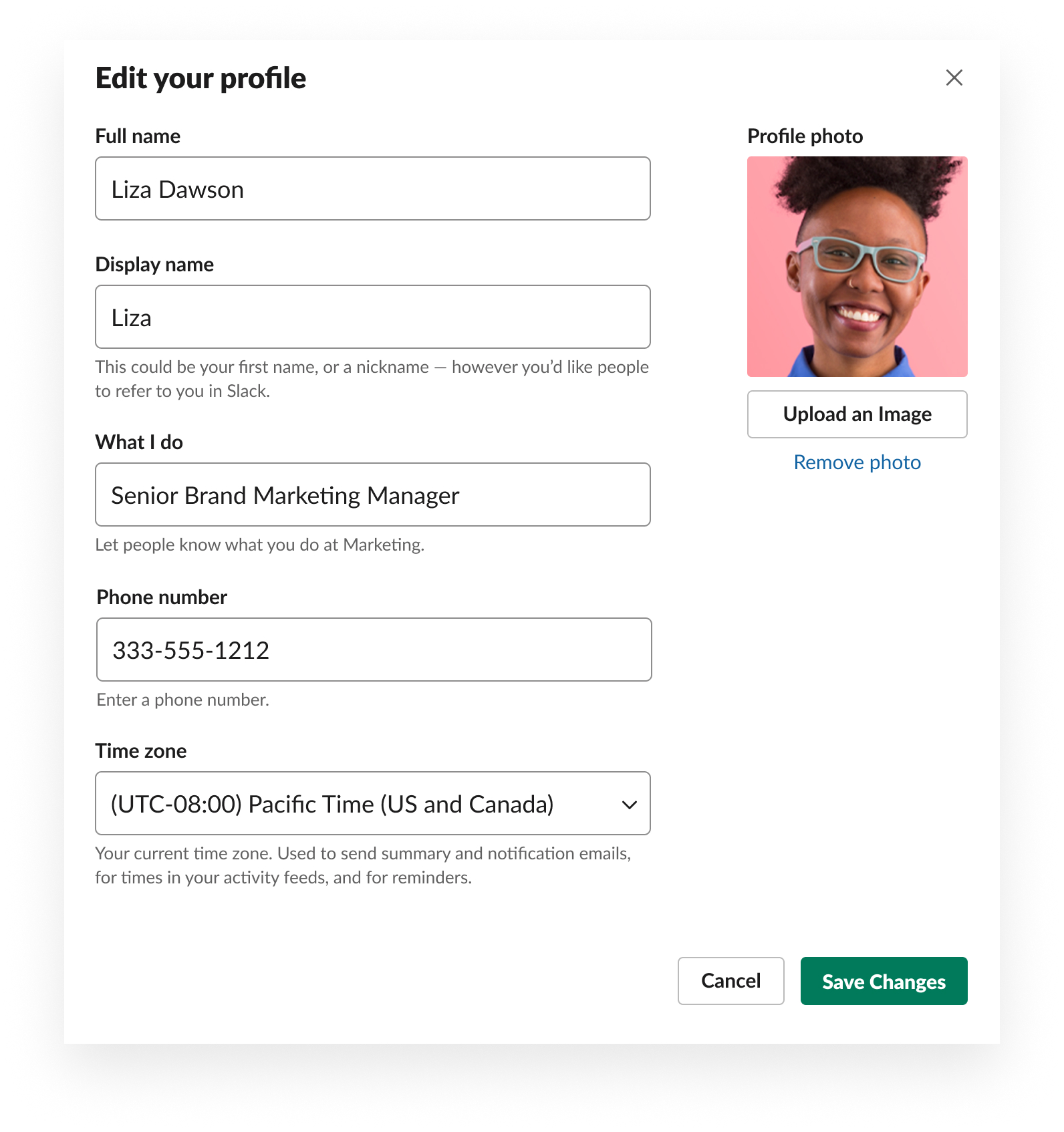 Slack UI showing how to edit your profile including picture, name, title, time zone, and phone number