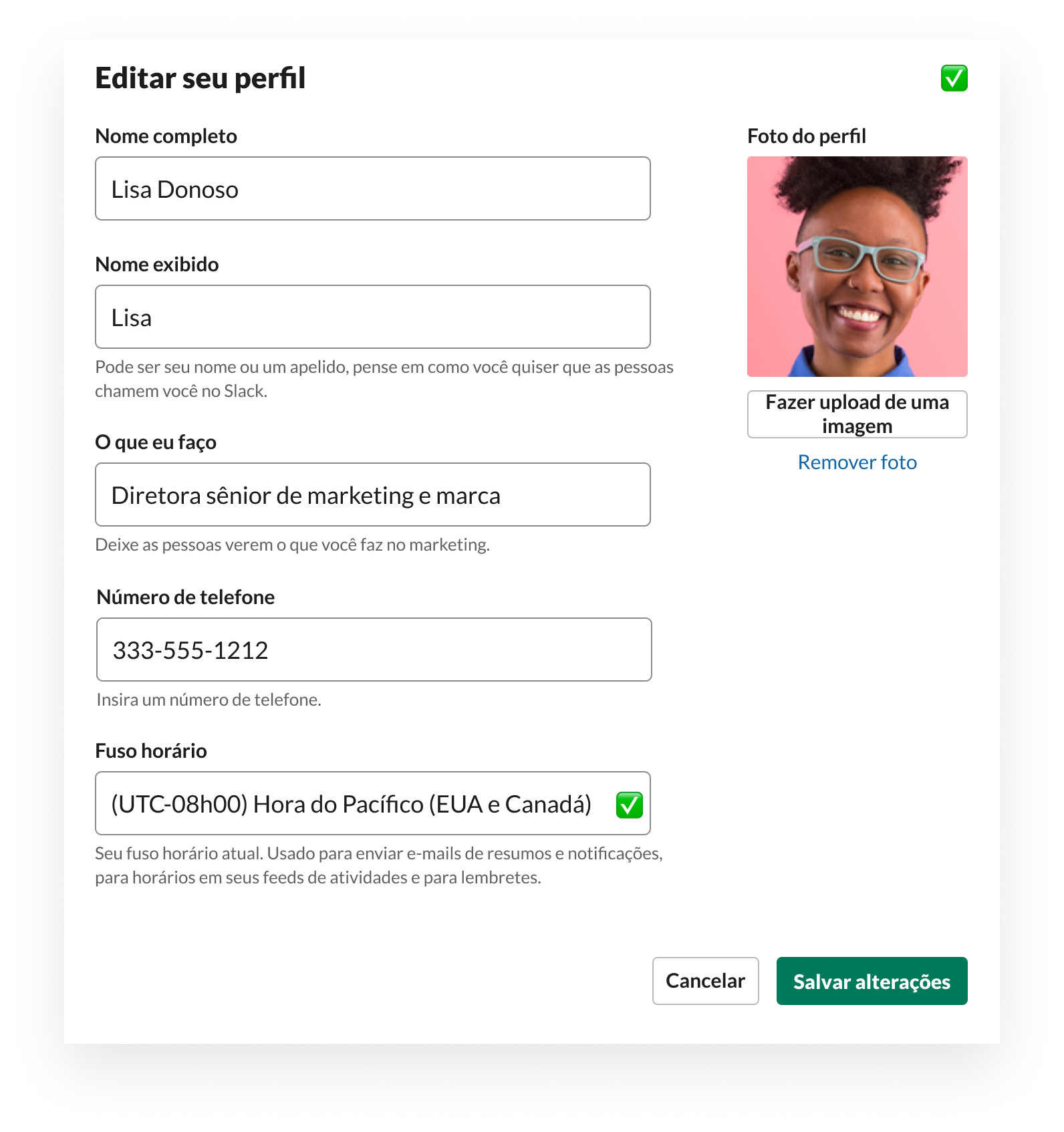 Interface do usuário do Slack que mostra como editar o perfil, incluindo foto, nome, cargo, fuso horário e número de telefone