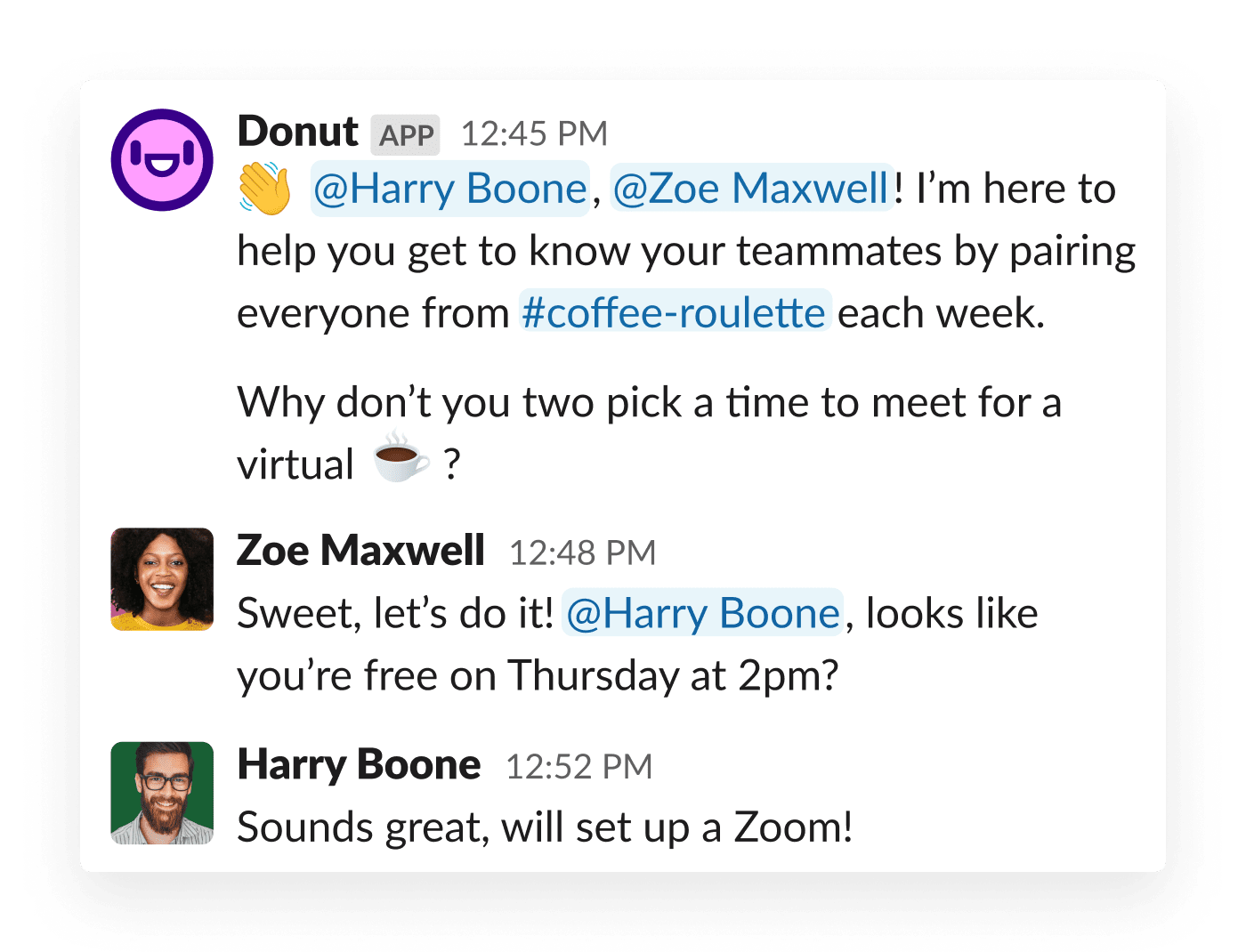 Two coworkers are prompted to meet via the Donut app for Slack