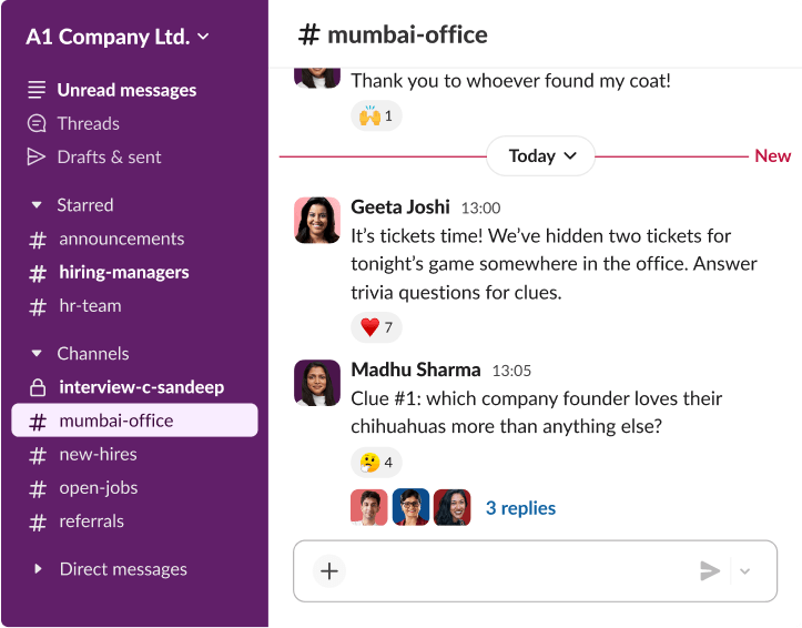 A Slack thread in an office channel where employees engage in a trivia game to win tickets, featuring several emoji reactions.