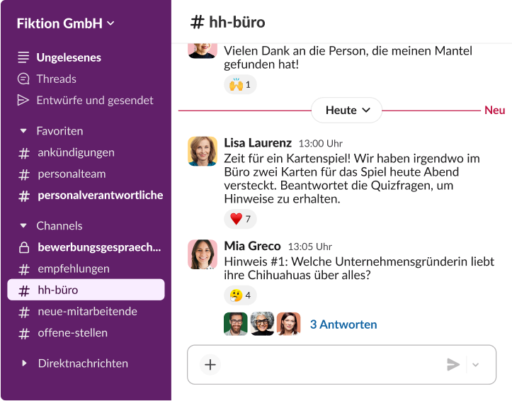 Ein Slack-Thread mit vielen Emoji-Reaktionen im Channel „hh-büro“, in dem Mitarbeitende an einem Quiz teilnehmen, um Karten zu gewinnen.