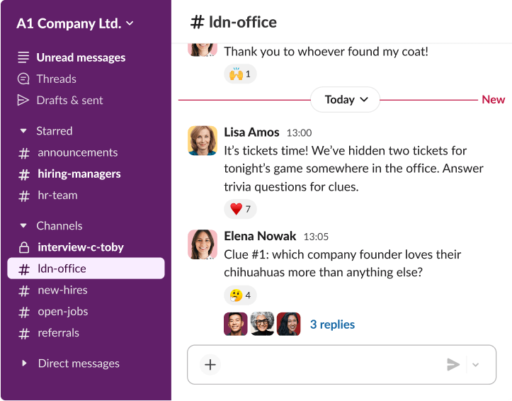 A Slack thread in an office channel where employees engage in a trivia game to win tickets, featuring several emoji reactions.