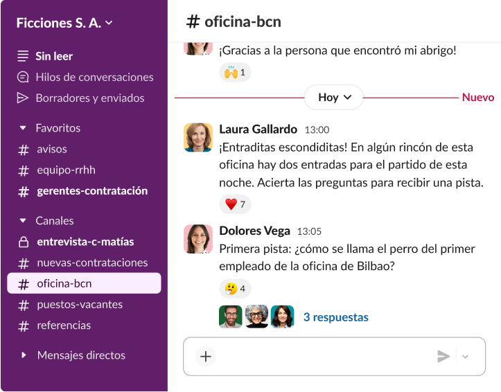 Un hilo de Slack en el canal oficina-bcn en el que los empleados interactúan con un juego de trivial para ganar tickets, con varias reacciones emoji.