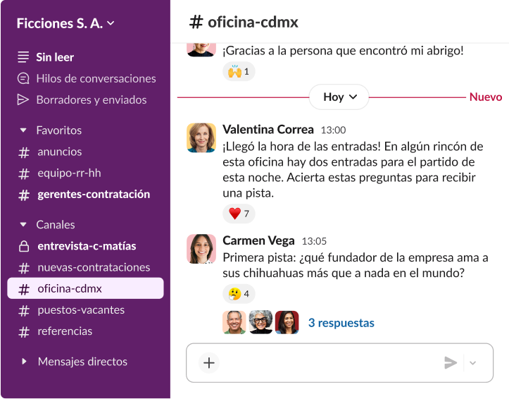 Un hilo de Slack en el canal oficina-cdmx en el que los empleados participan en un juego de preguntas para ganar entradas, y se incluyen varias reacciones emoji.