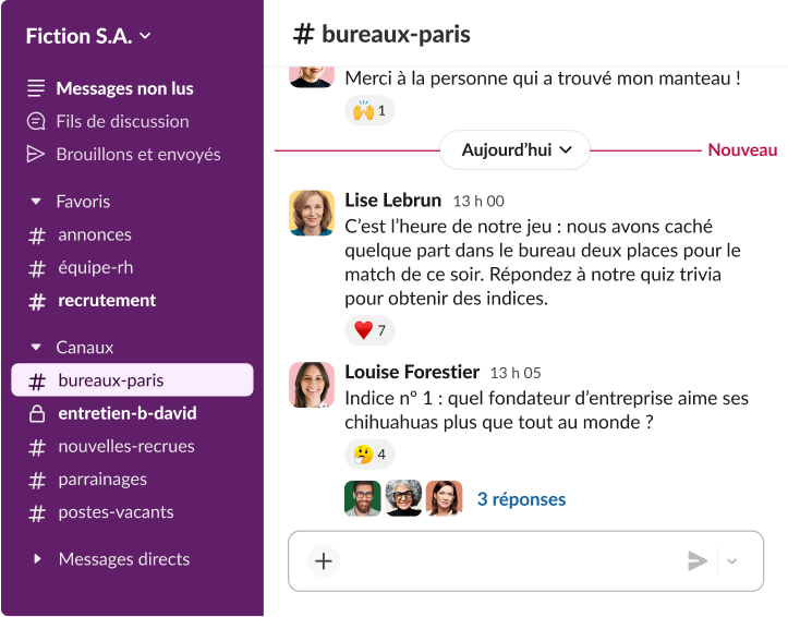 Un fil de discussion Slack dans le canal bureaux-paris, dans lequel les employés participent à un jeu pour gagner des billets et qui affiche plusieurs réactions émoji.