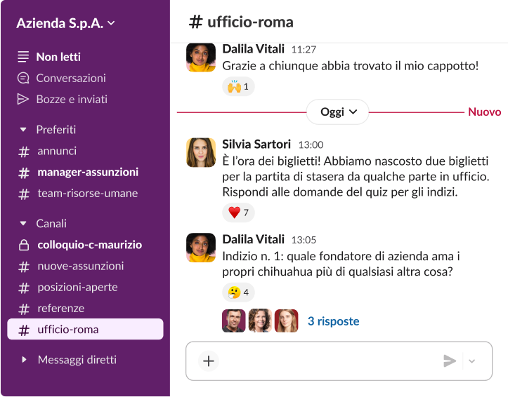 Una conversazione su Slack nel canale “ufficio-roma” in cui i dipendenti partecipano a un gioco a premi per vincere dei biglietti, con diverse reazioni con emoji.