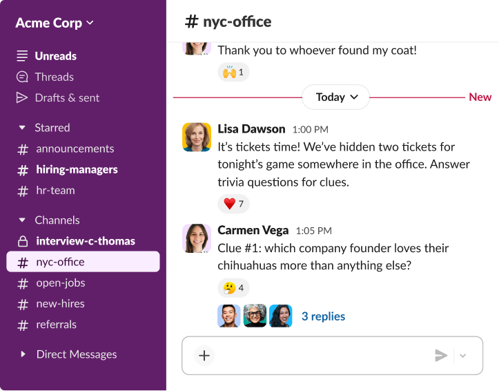 A Slack thread in the nyc-office channel where employees engage in a trivia game to win tickets, featuring several emoji reactions.