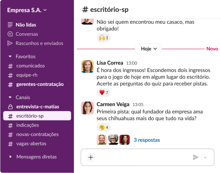 Conversa no Slack no canal “escritório-sp”, na qual funcionários participam de um jogo de perguntas e respostas para concorrer a ingressos, com diversas reações de emoji.