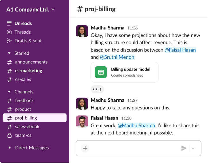 Slack conversation thread featuring a shared project billing model and a message requesting to share the data at a board meeting.