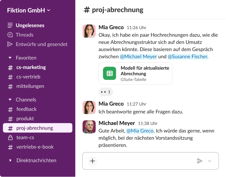 Slack-Unterhaltungs-Thread mit einem freigegebenen Projektabrechnungsmodell und einer Nachricht mit der Bitte, die Daten bei einer Vorstandssitzung weiterzugeben.