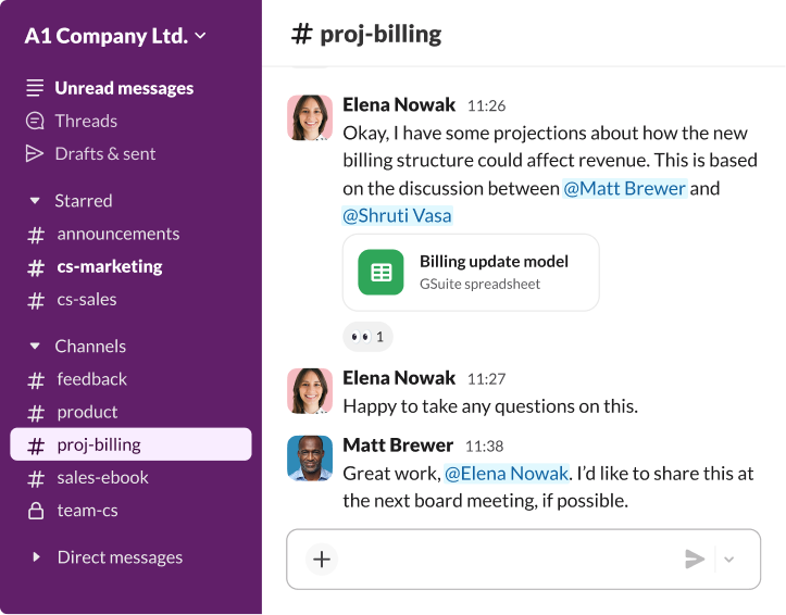 Slack conversation thread featuring a shared project billing model and a message requesting to share the data at a board meeting.