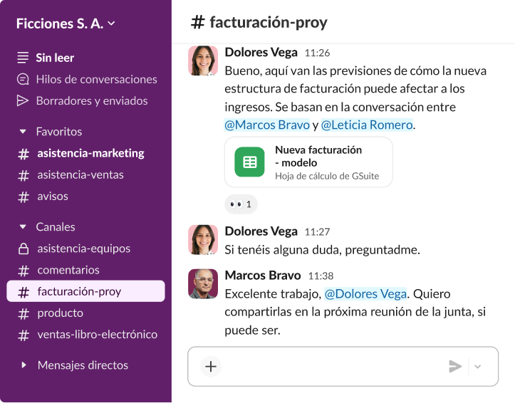 Hilo de la conversación de Slack que contiene un modelo de facturación de proyectos compartida y un mensaje solicitando compartir los datos en una reunión de la junta.
