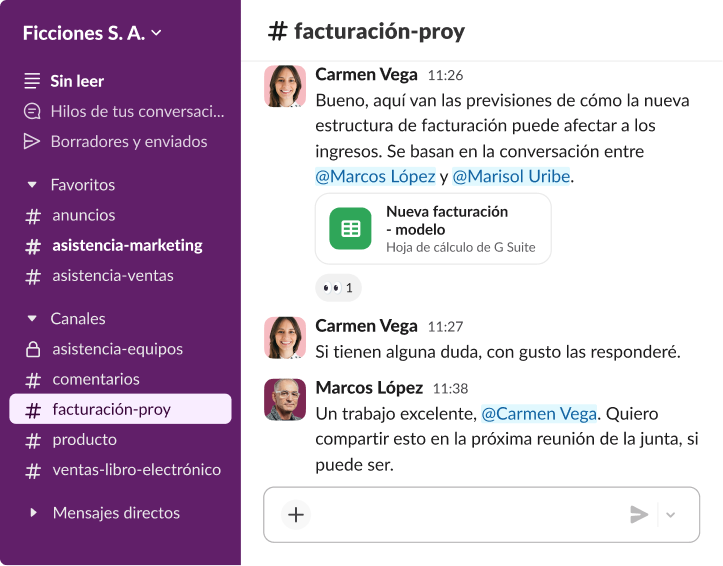 Hilo de una conversación de Slack que incluye un modelo compartido de facturación de proyecto y un mensaje que solicita compartir los datos en una reunión de la junta.