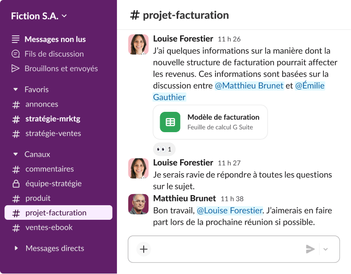 Fil de discussion Slack présentant un modèle de facturation de projet partagé et un message demandant à partager les données lors d’une réunion avec le conseil d’administration.