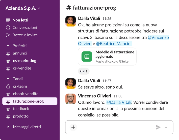 Conversazione in Slack che include un modello di fatturazione condiviso e un messaggio che richiede di condividere i dati durante una riunione del consiglio.