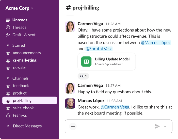 Slack conversation thread featuring a shared project billing model and a message requesting to share the data at a board meeting.