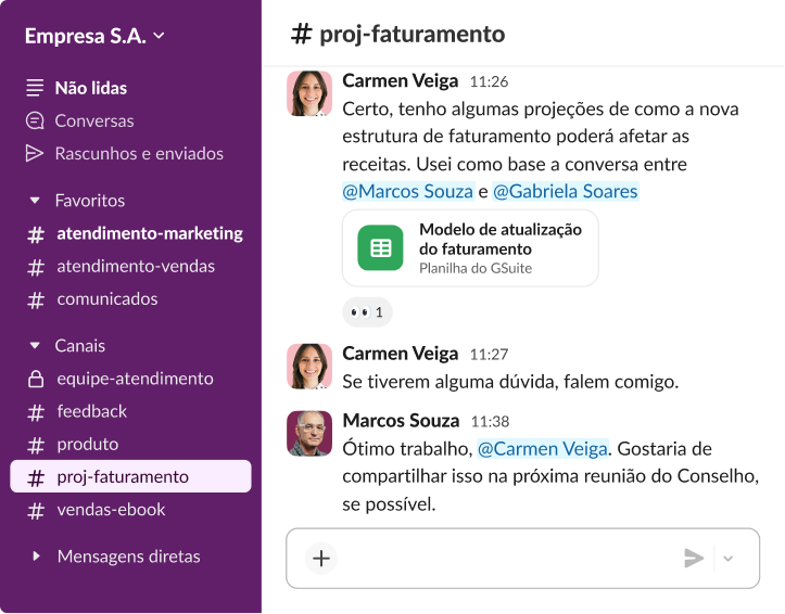 Conversa no Slack apresentando um modelo de faturamento de projeto compartilhado e uma mensagem solicitando o compartilhamento dos dados em uma reunião da diretoria.