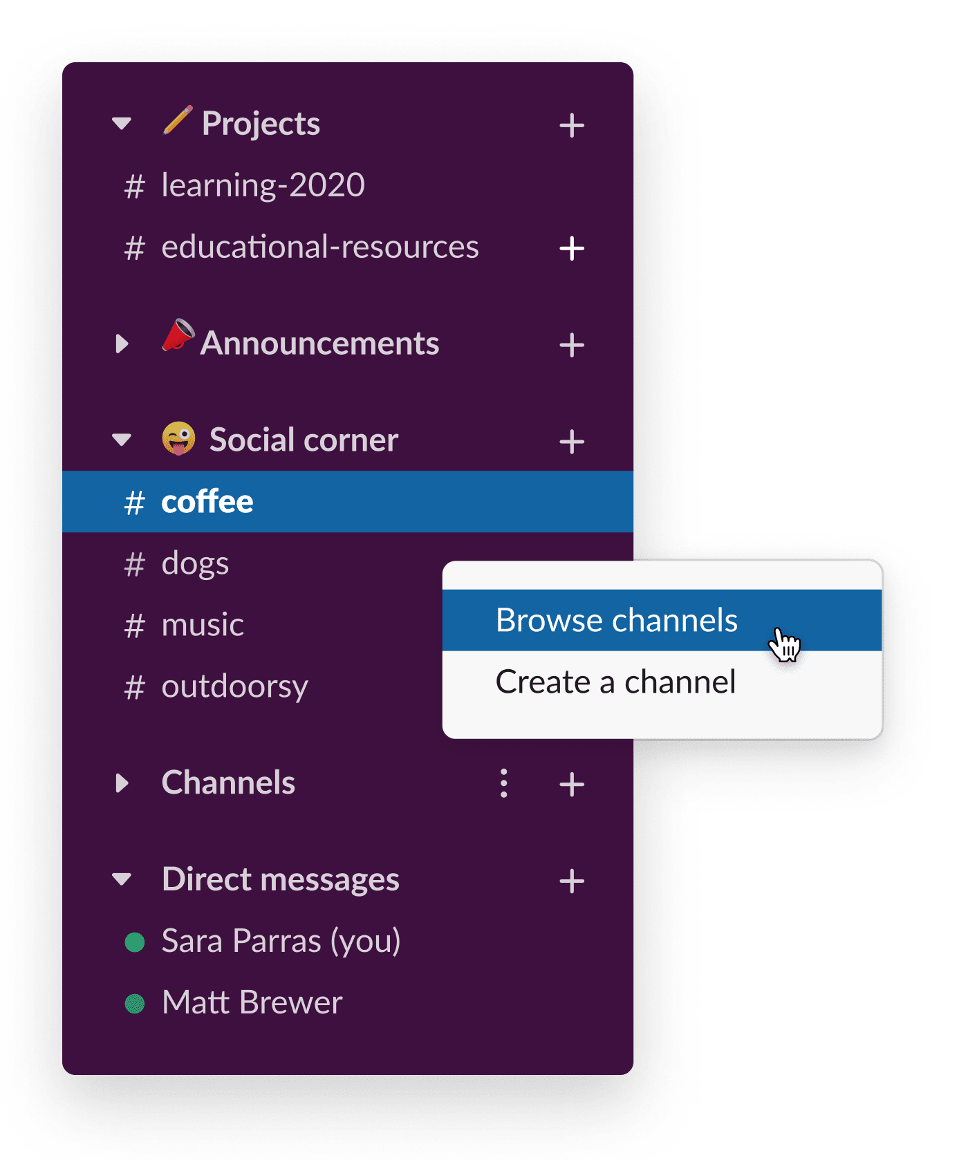 Uma barra lateral do Slack mostrando vários canais sociais, incluindo #café e #cachorros