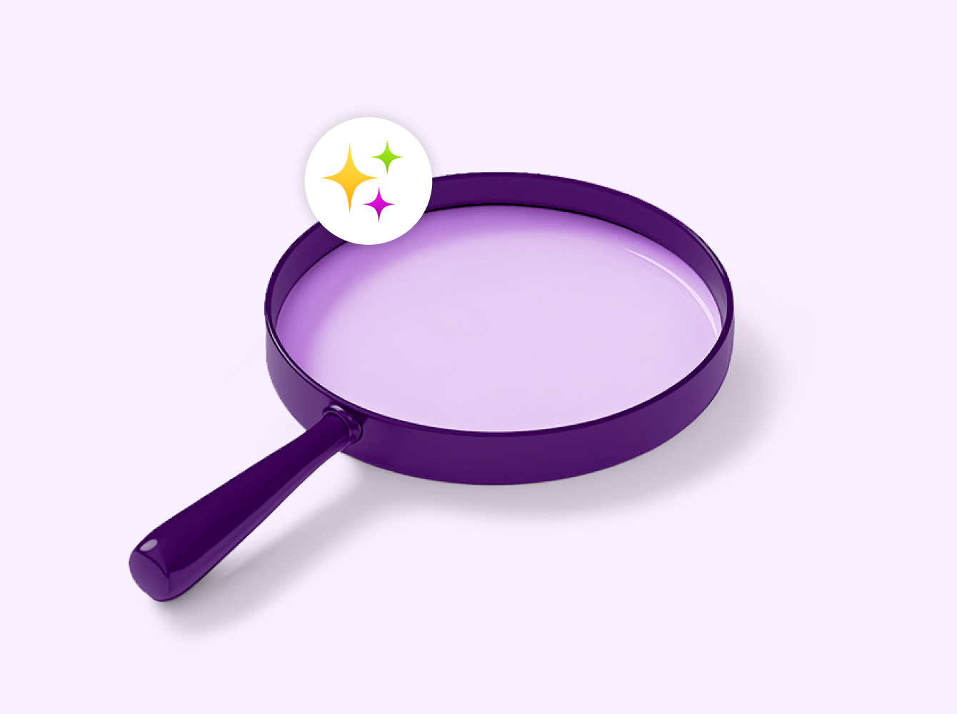Purple magnifying glass with AI sparkles over a lavender background