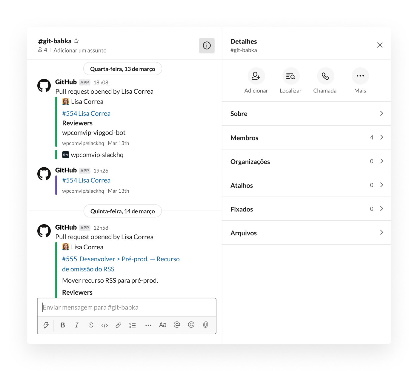 Integração do GitHub no Slack para postar solicitações de pull no canal