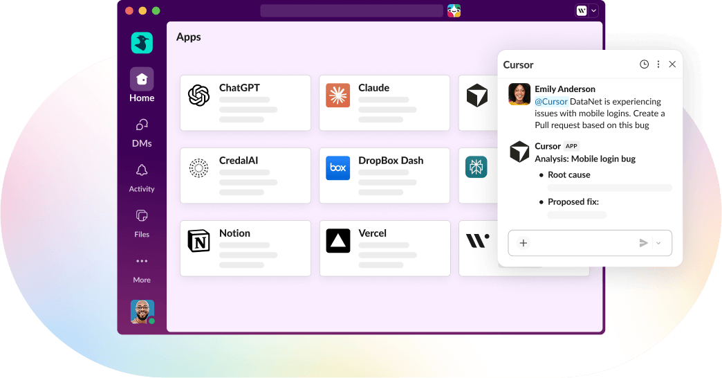 A Slack window open with multiple application integrations shown on the screen.