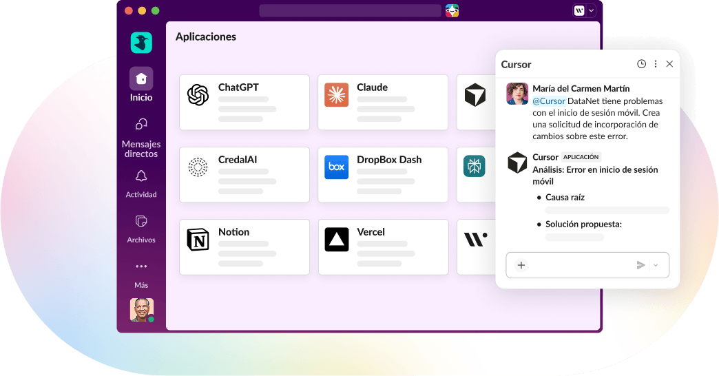 Una ventana de Slack abierta con varias integraciones de aplicaciones en la pantalla.