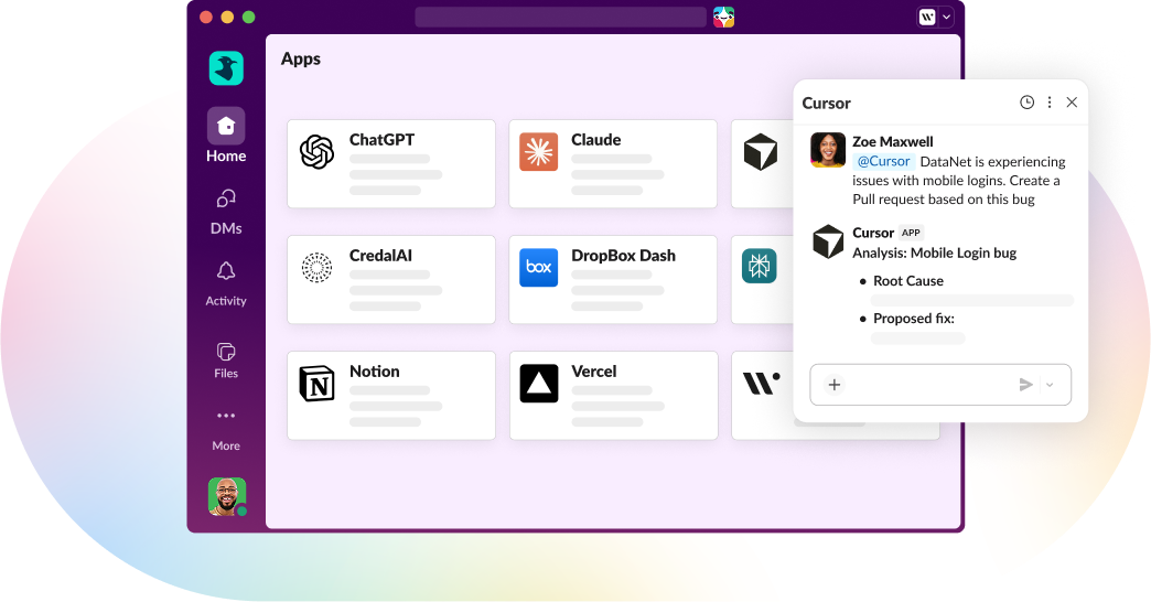 A Slack window open with multiple application integrations shown on the screen.