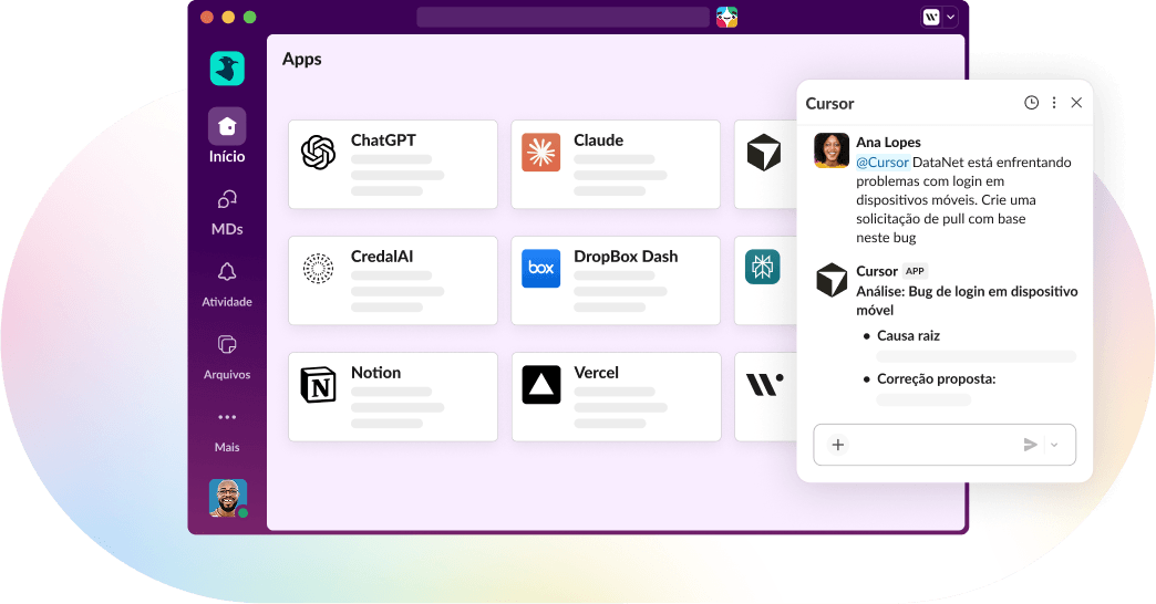 Uma janela do Slack aberta, com várias integrações de apps exibidas na tela.